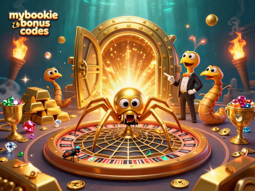 Engage with mybookie bonus codes while placing bets, featuring a vibrant golden casino scene.