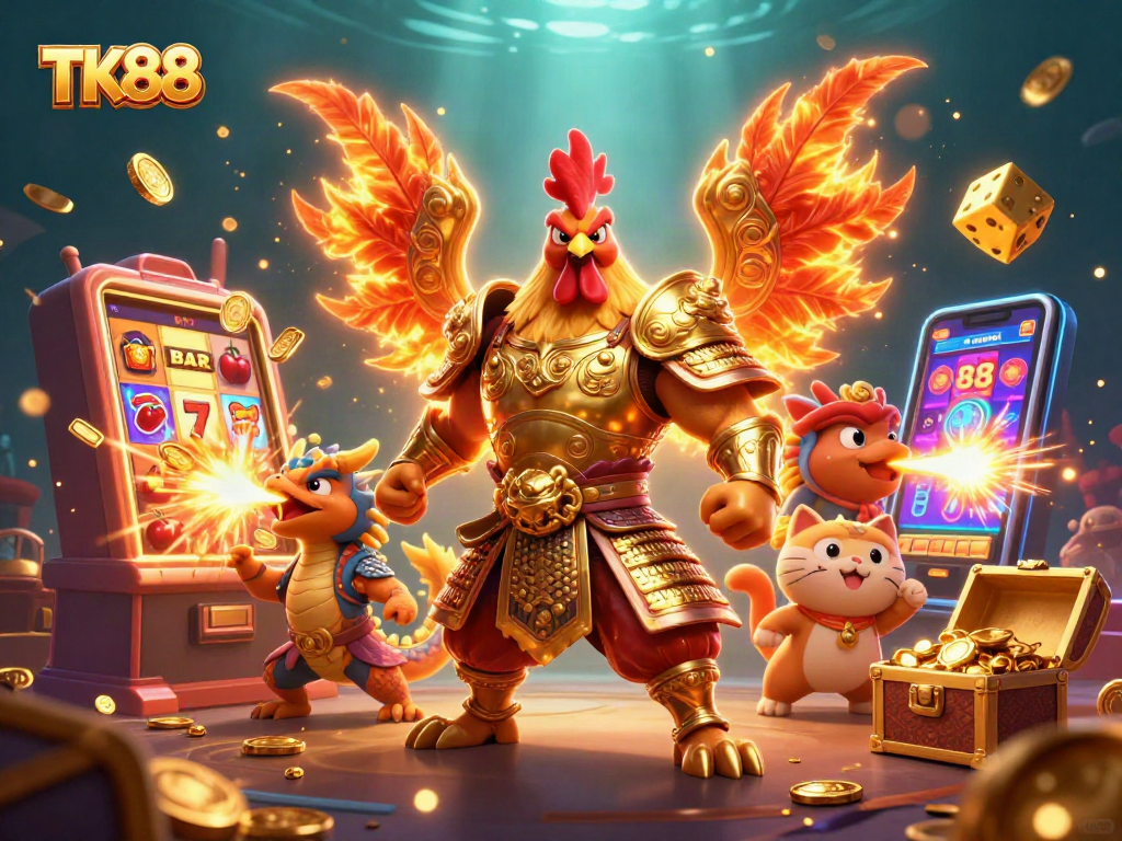 Experience the thrill of TK88 gaming with a roaring rooster and dragon amidst jackpot celebrations.