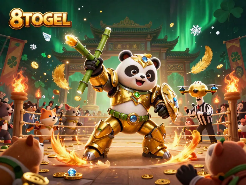 Engage with the vibrant 8TOGEL illustrated scene featuring a golden panda in a cockfighting arena.