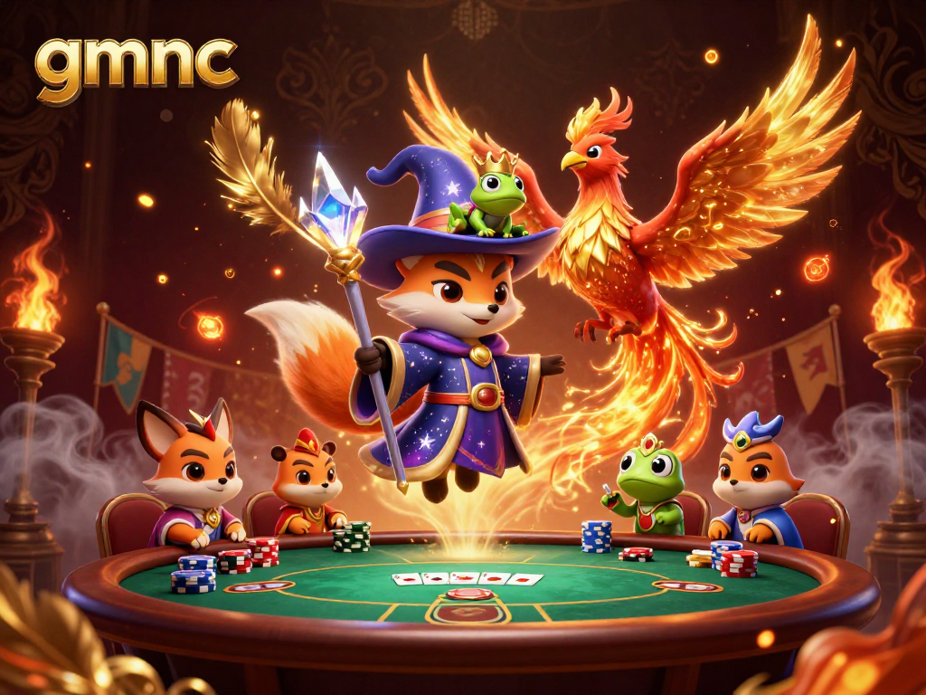 Engage with gmnc's thrilling poker action featuring a wizard, phoenix, and enchanted visuals.