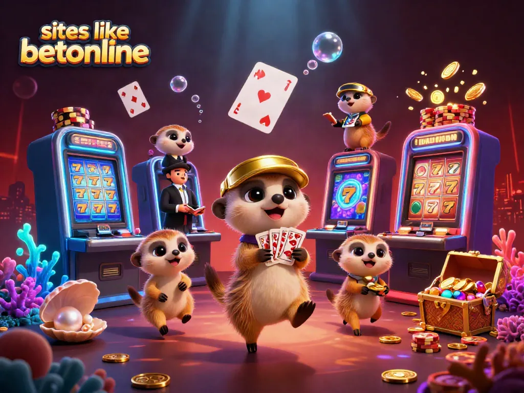 Engaging meerkat characters illustrate sites like betonline in a dynamic casino setting with colorful elements.
