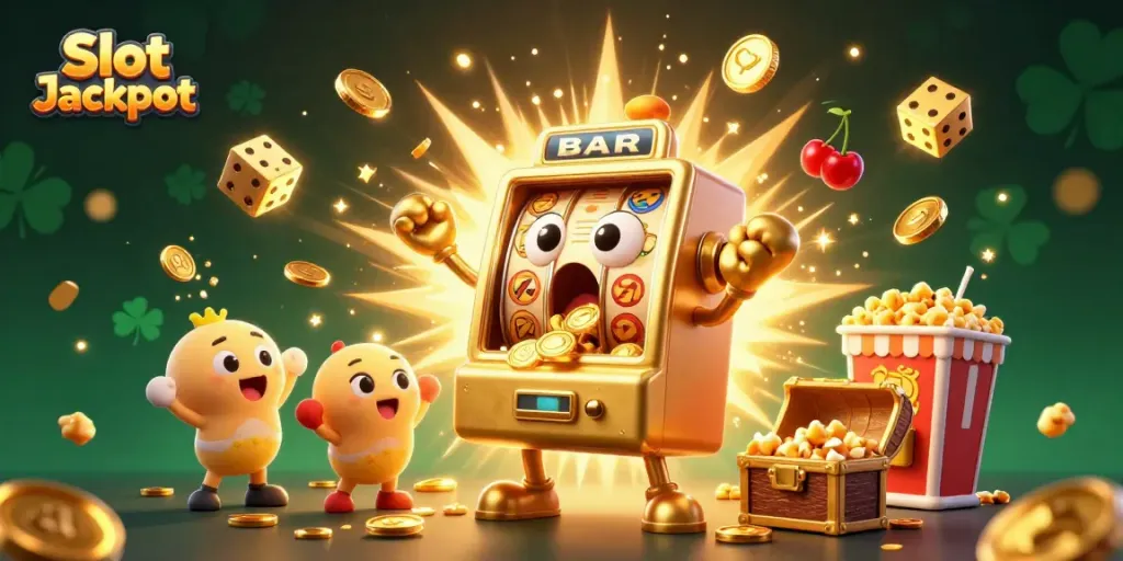 Slot Jackpot celebrates with a golden machine pouring coins as smaller machines cheer in excitement.