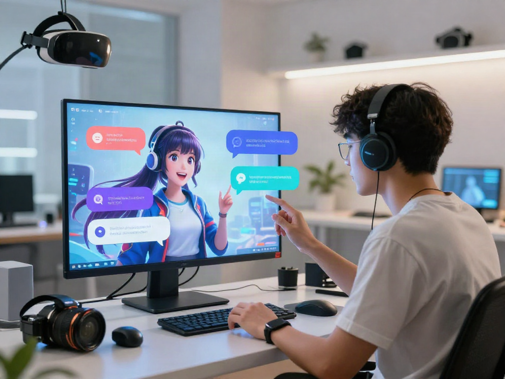 Engaging hentai ai chat interaction with vibrant anime-style character in a futuristic workspace