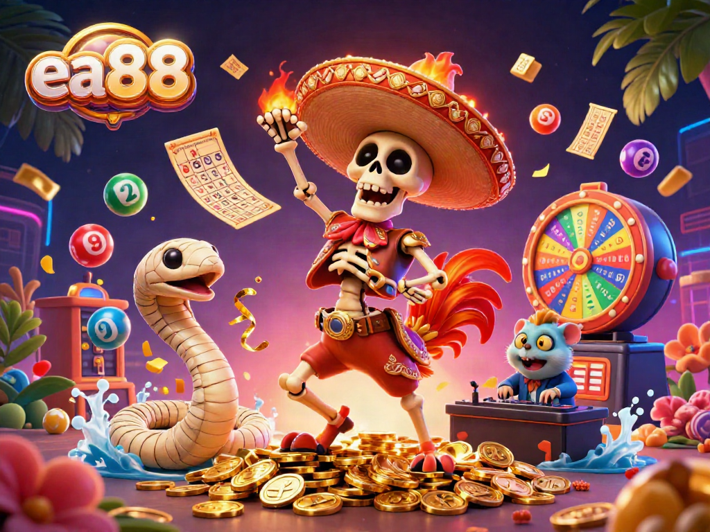 ea88's vibrant 3D cartoon scene of a triumphant rooster and friends celebrating with lottery elements.