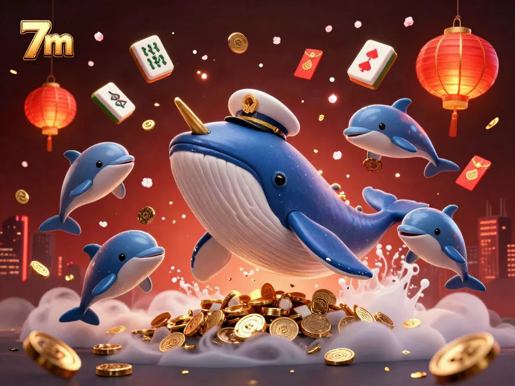Engaging scene with a 7m whale in a captain's coat surrounding playful dolphins and vibrant casino elements.