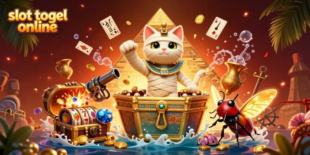 Slot togel online menampilkan kucing mummy 3D dalam kasino piramida, dikelilingi oleh unsur perjudian.