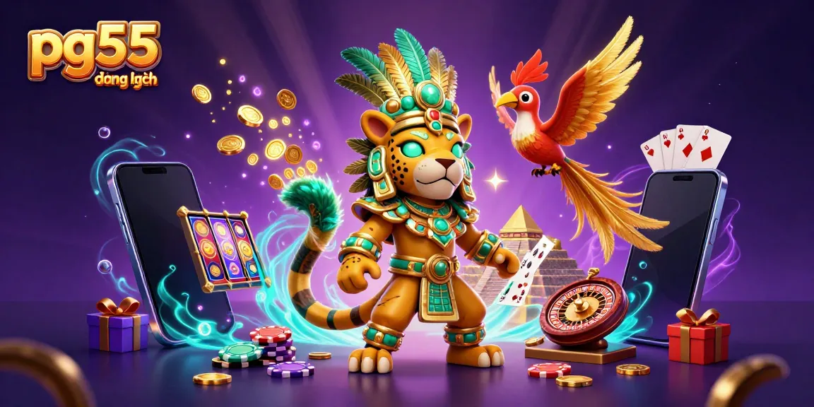 Spin big with pg55 đăng nhập illustrated featuring golden coins, slot games, and dynamic characters.
