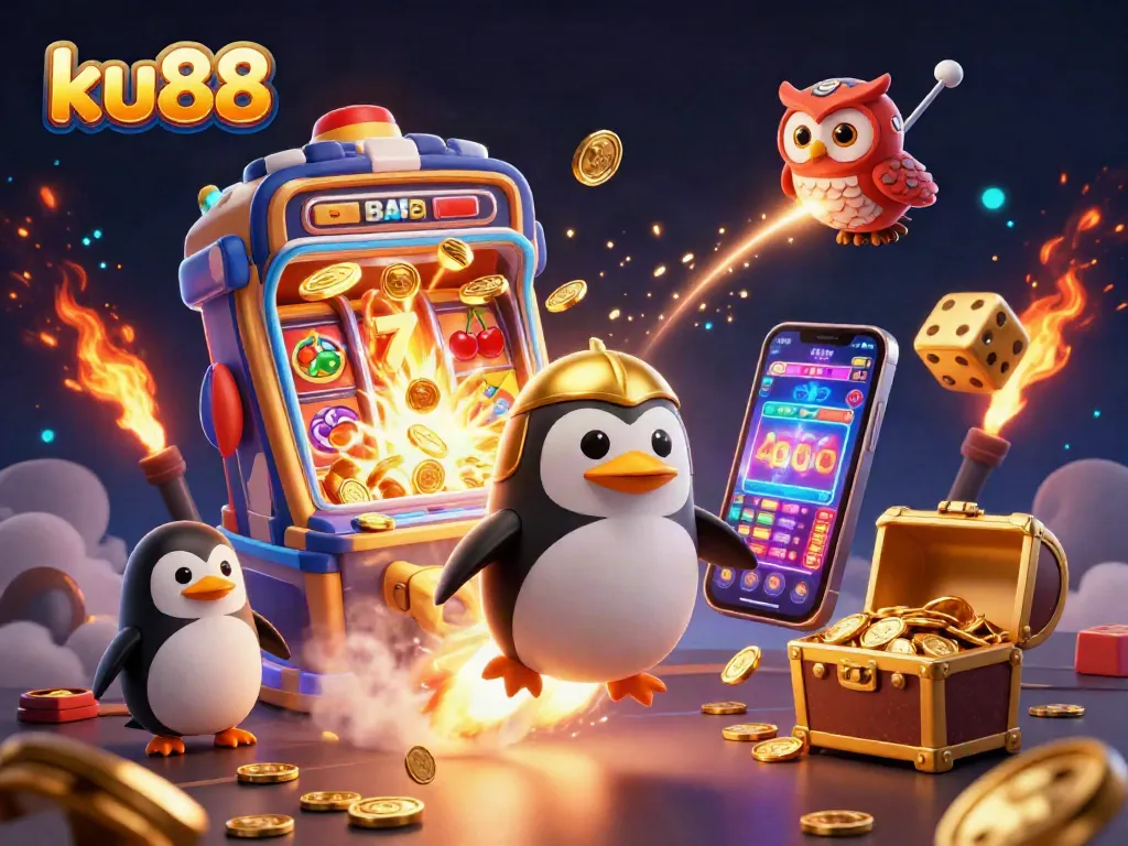 Spin and win big at ku88 with vibrant casino-themed 3D illustration of excitement and fun.