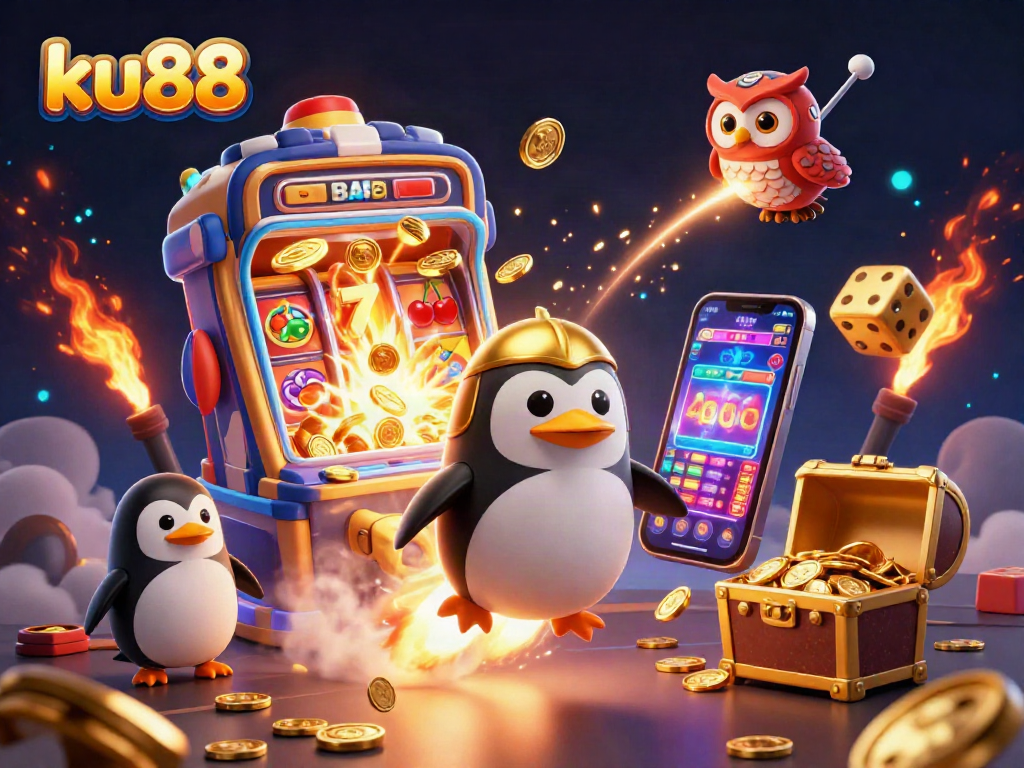 Spin and win big at ku88 with vibrant casino-themed 3D illustration of excitement and fun.