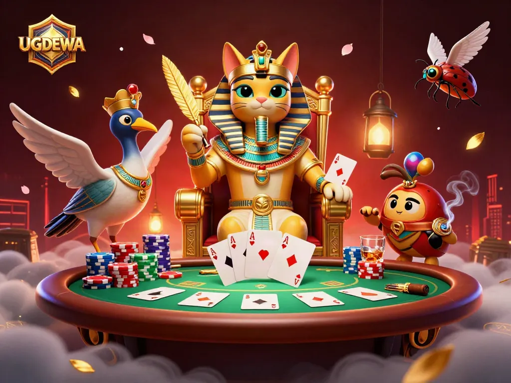 Engage with UGDEWA in a vibrant casino scene showcasing poker elements and an Egyptian theme.
