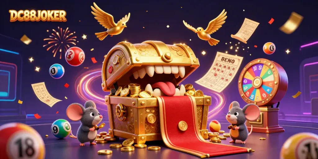 DC88JOKER treasure chest scene with bouncing lottery balls, golden tickets, and vibrant prize elements