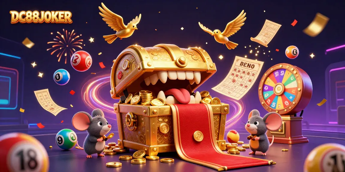 DC88JOKER treasure chest scene with bouncing lottery balls, golden tickets, and vibrant prize elements