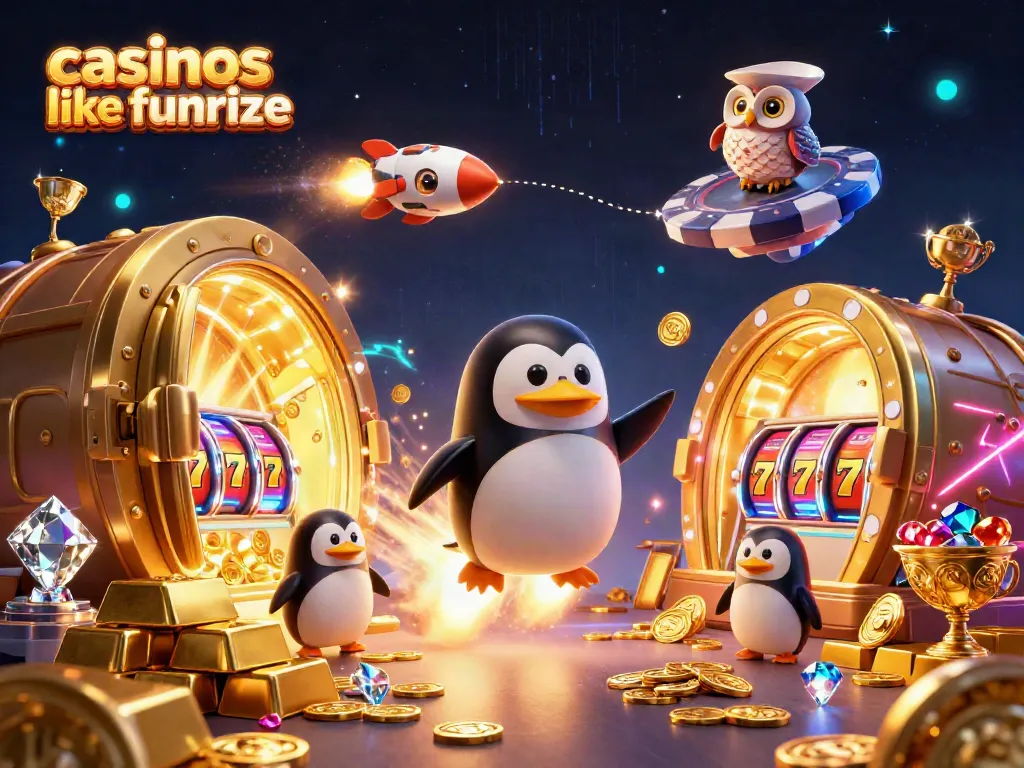 Experience casinos like funrize with a thrilling 3D illustration of a rocket-powered penguin in a vibrant casino scene.