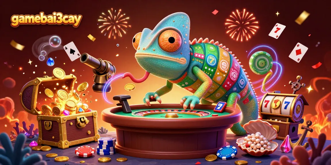 Engage in thrilling gameplay at gamebai3cay featuring vibrant chameleon casino owner amidst jackpots and winnings.