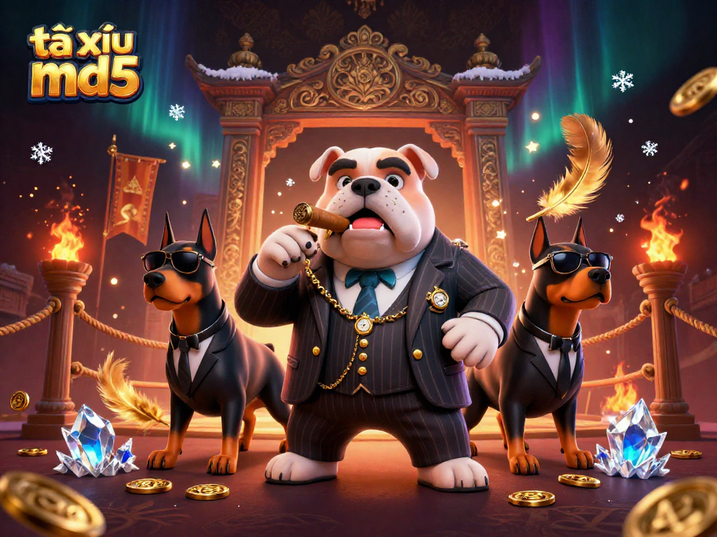 Engage with thrilling tài xỉu md5 action featuring a mafia boss bulldog and two Dobermans in an electric casino scene.