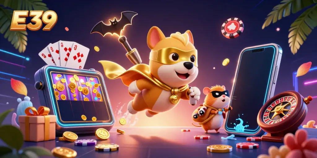 Experience thrilling gaming with E 39, featuring a superhero dog and hamster surrounded by gold coins and casino elements.
