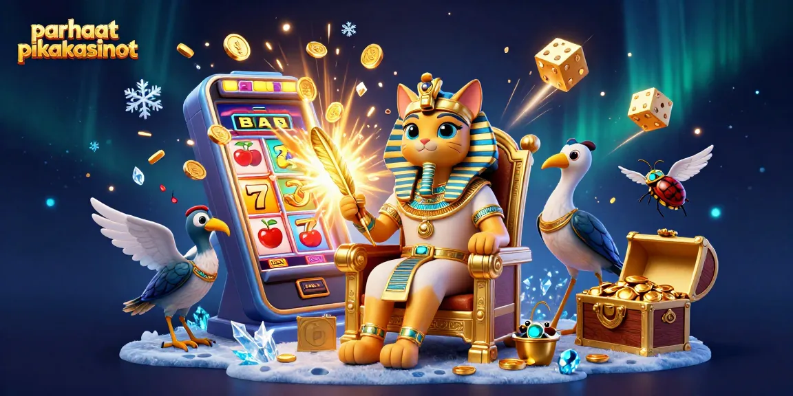 Engage with parhaat pikakasinot through a dynamic casino scene featuring Egyptian motifs and slot machines.