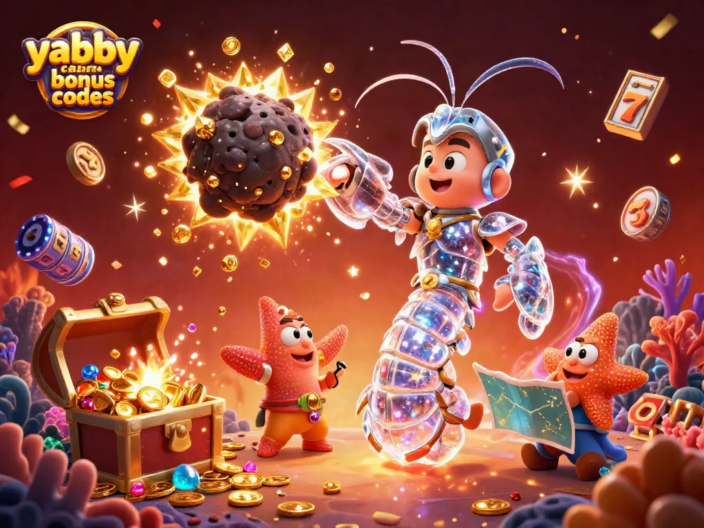 Engage with yabby casino bonus codes through a dynamic 3D illustration featuring galactic characters amidst explosive treasure.