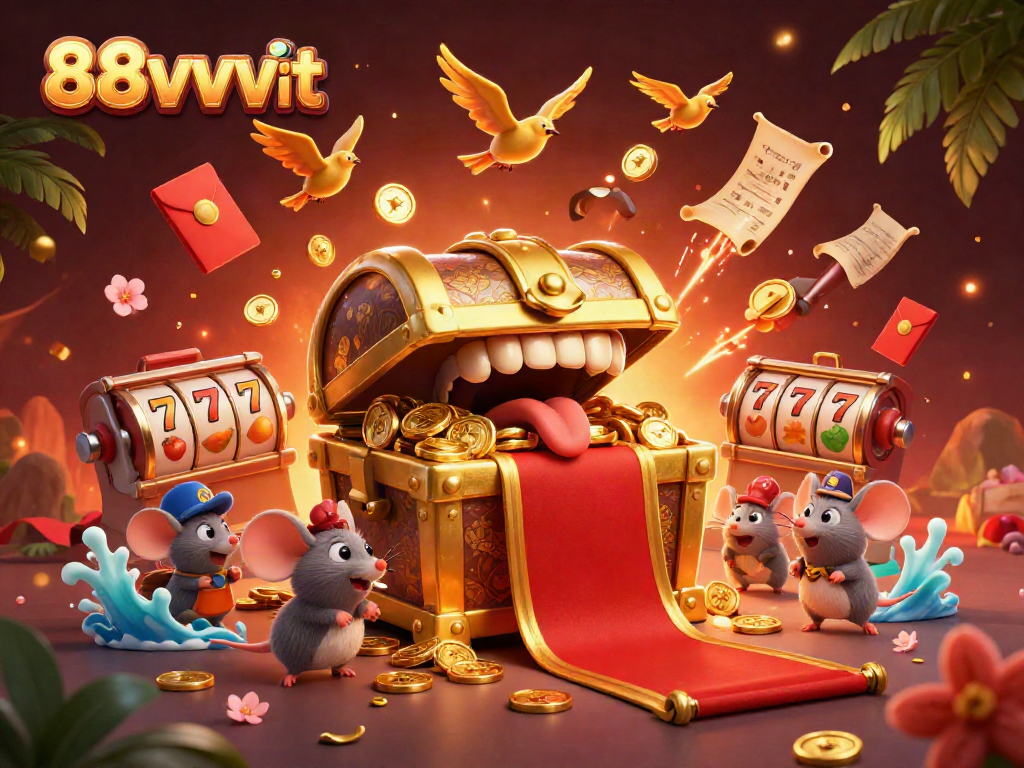 88vvvvt invites players to strike gold with vibrant treasures and thrilling games in a dynamic casino illustration.