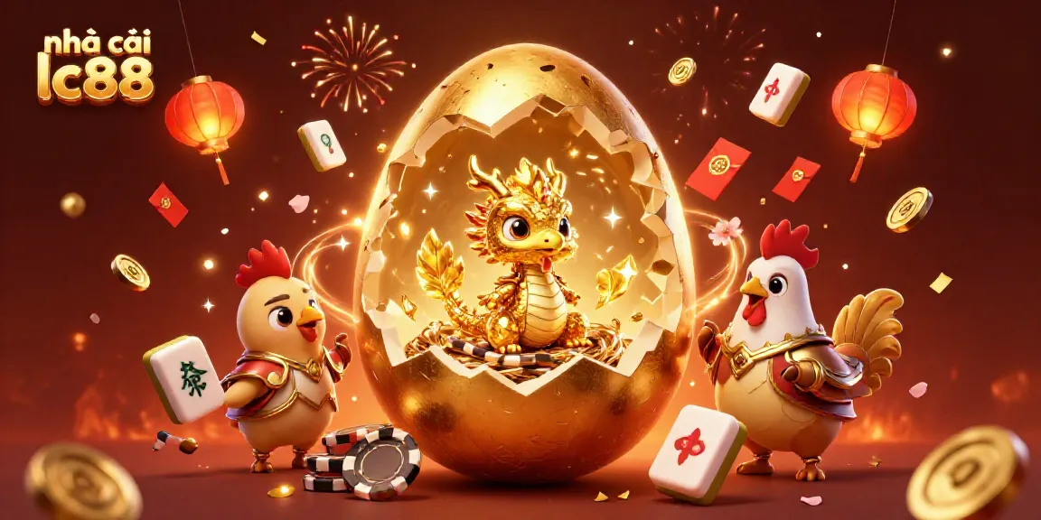 Baby dragon and golden hen at nhà cái lc88, surrounded by festive gambling elements.