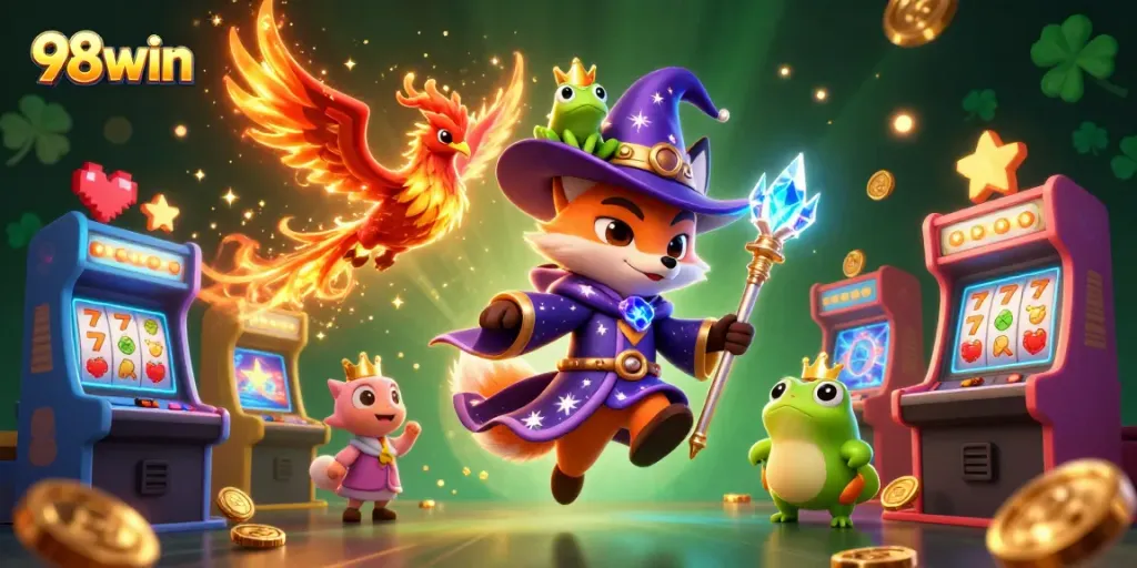 Enjoy thrilling gaming adventures with 98win's magical casino illustration featuring vibrant slot machines and characters.