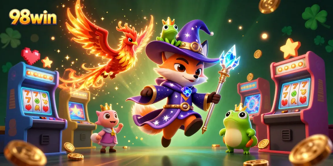 Enjoy thrilling gaming adventures with 98win's magical casino illustration featuring vibrant slot machines and characters.