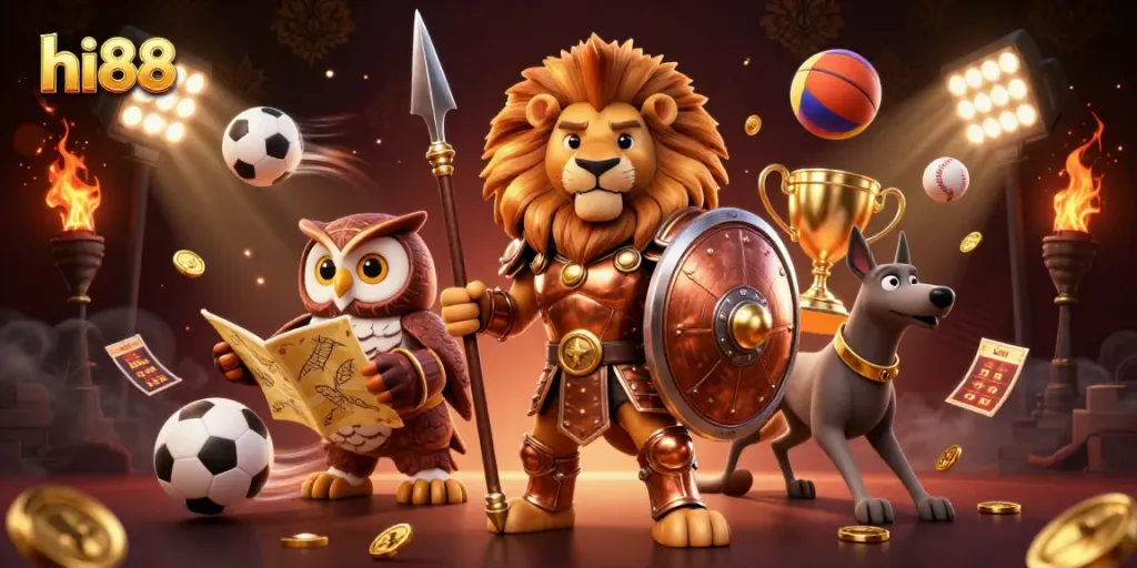 Engage with hi88's vibrant casino experience featuring a Spartan lion, tactical owl, and greyhound amidst betting excitement.