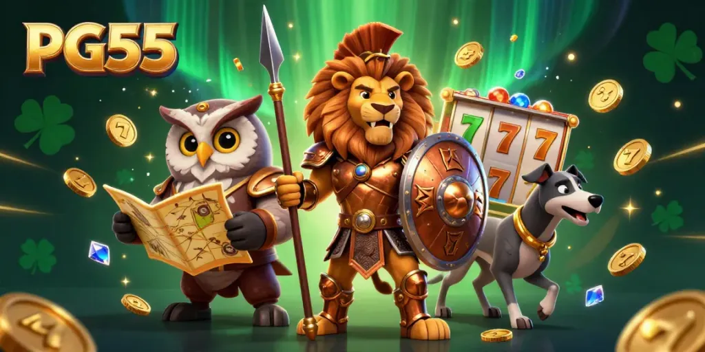PG55 branding in a vibrant casino scene featuring a Spartan lion and tactical owl with dynamic slot elements.