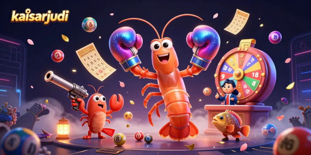 Engage a thrilling game atmosphere with kaisarjudi in a vivid 3D illustration showcasing lottery elements and dynamic characters.
