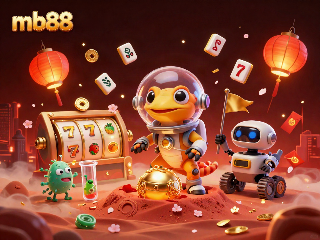 Experience mb88's thrilling casino adventure with a gecko exploring a golden casino on Mars.
