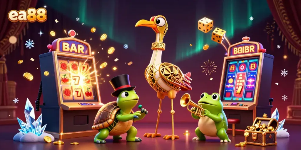 Các nhân vật vui nhộn tại sòng bạc ea88, nơi tràn ngập tiền xu và trò chơi điện tử.