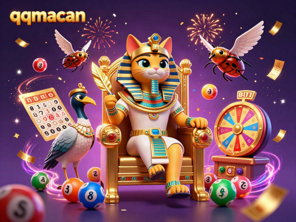 Experience excitement with qqmacan as the Egyptian pharaoh cat presides over a vibrant casino scene.