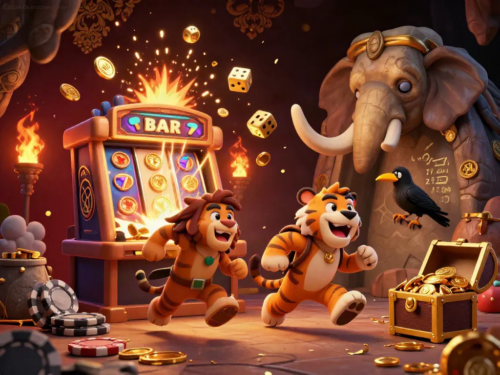 Engage in thrilling action at 8xbeta.ru com with this vibrant 3D casino illustration featuring a duo and a crow amidst a lively jackpot scene.