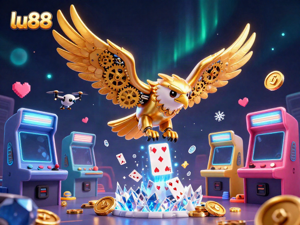 Experience thrilling gameplay at lu88 with the dynamic cybernetic eagle and arcade games in a stunning 3D illustration.