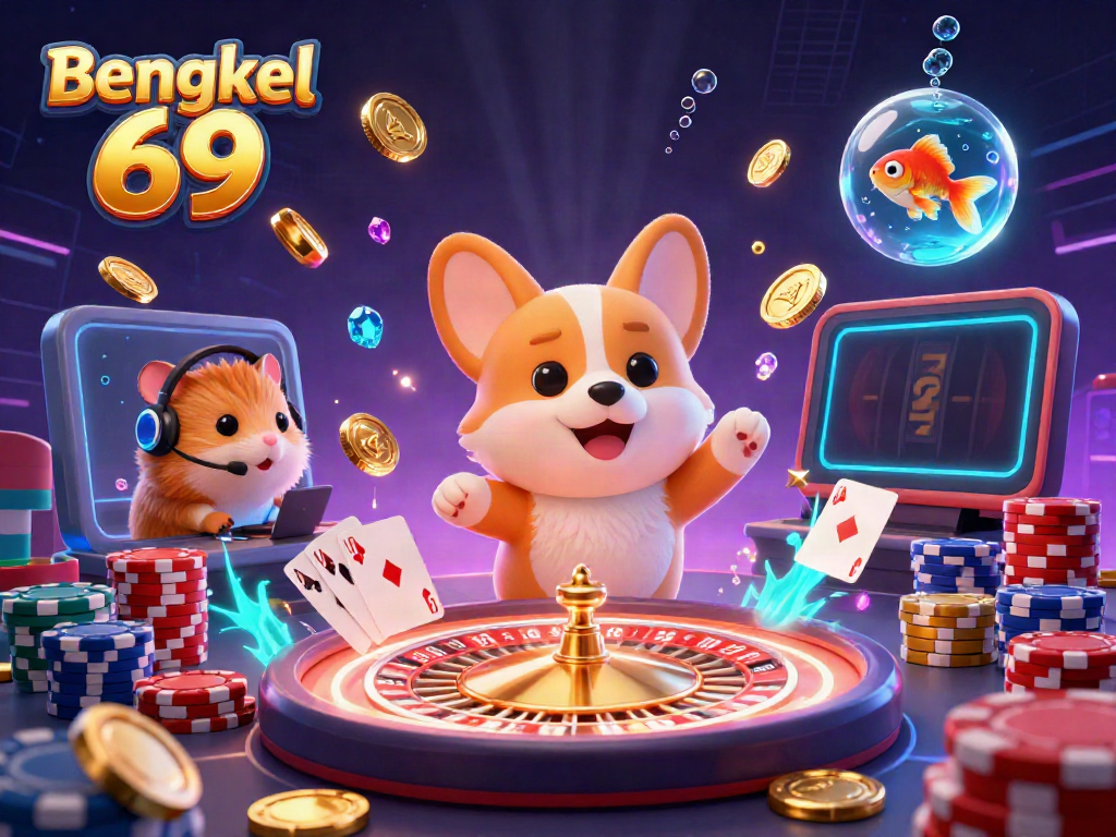 Experience the excitement of slot games at Bengkel 69 with lively 3D illustration showcasing a playful corgi and casino elements.