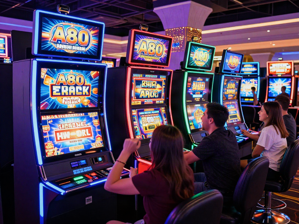 A80 slot information platform featured with players celebrating wins in a colorful casino.