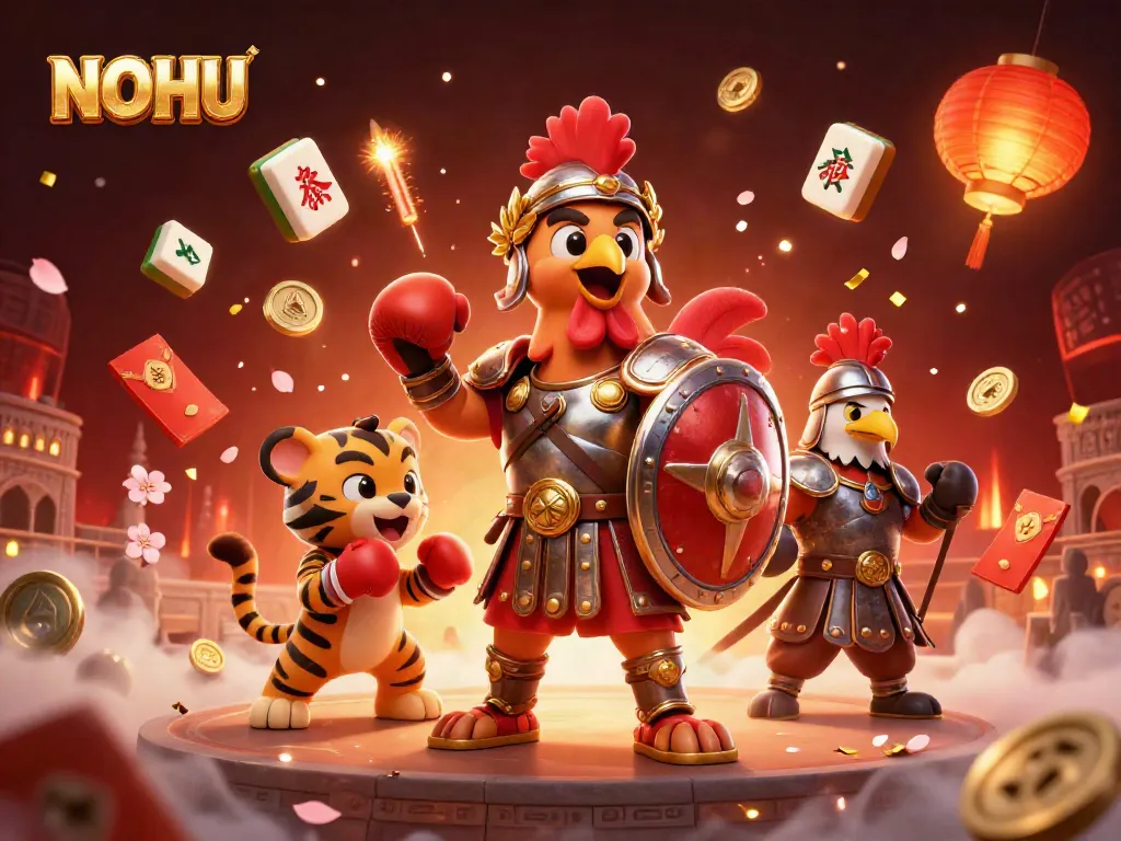 Join the exciting NOHU adventure with a lively scene of a gladiator rooster, sparring tiger cub, and golden elements.