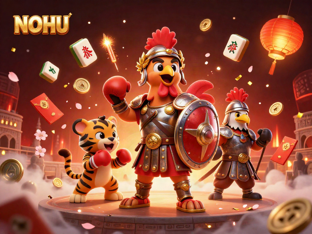 Join the exciting NOHU adventure with a lively scene of a gladiator rooster, sparring tiger cub, and golden elements.