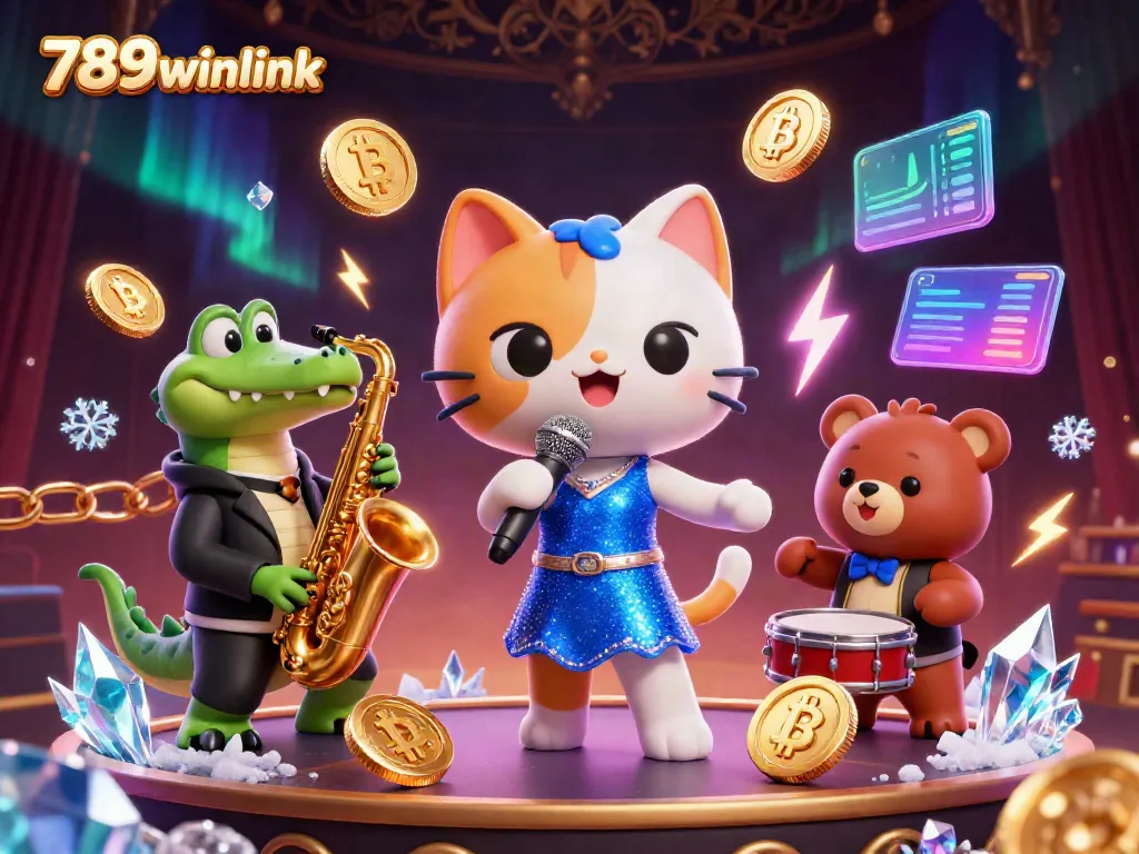 A 3D jazz-singer cat, crocodile, and bear in a vibrant casino setting featuring Bitcoin and Ethereum elements, promoting 789winlink.