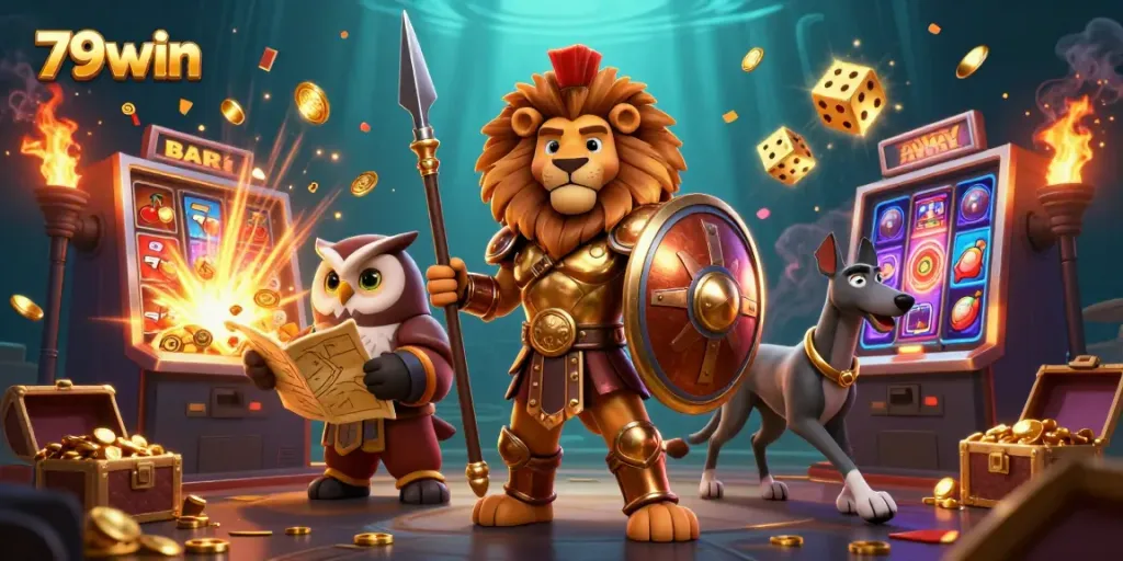 Experience thrilling wins with 79win at the cartoon casino scene filled with vibrant games.