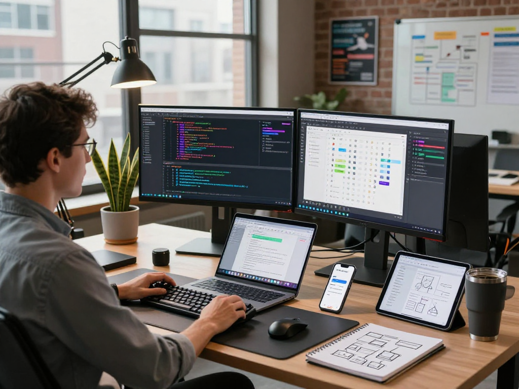 Programmer di bos88ap.com sedang bekerja di ruang kerja yang modern dengan alat pengembangan teknologi yang canggih.