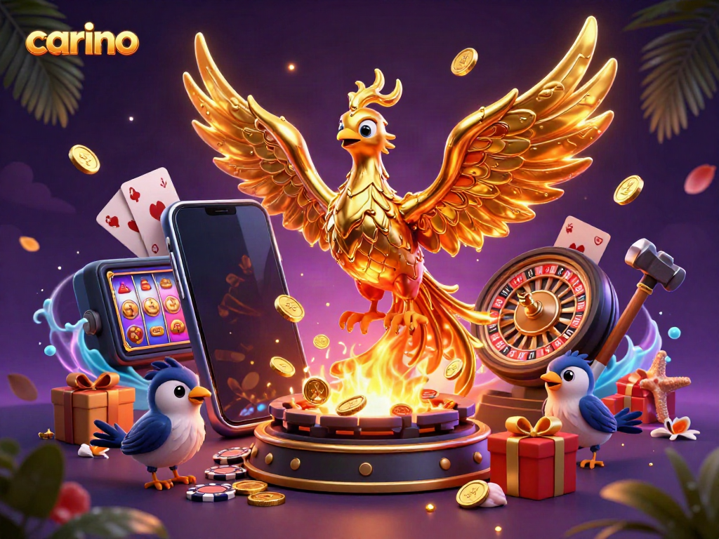 Experience carino's golden phoenix and casino excitement with vibrant gaming elements and coins.
