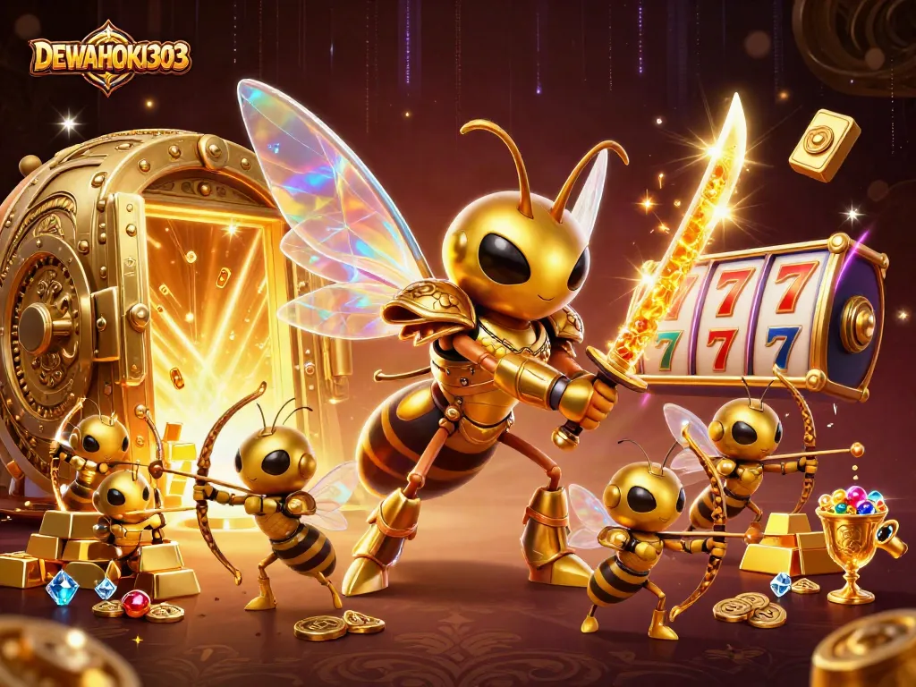 DEWAHOKI303 memberikan sensasi jackpot dengan mesin slot dan harta karun emas yang berkilauan.