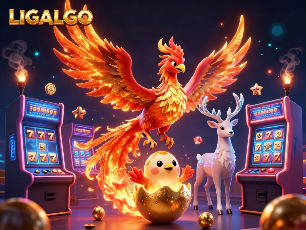 LIGALGO showcases a vibrant 3D illustration with a fire phoenix and casino elements like colorful slot machines.