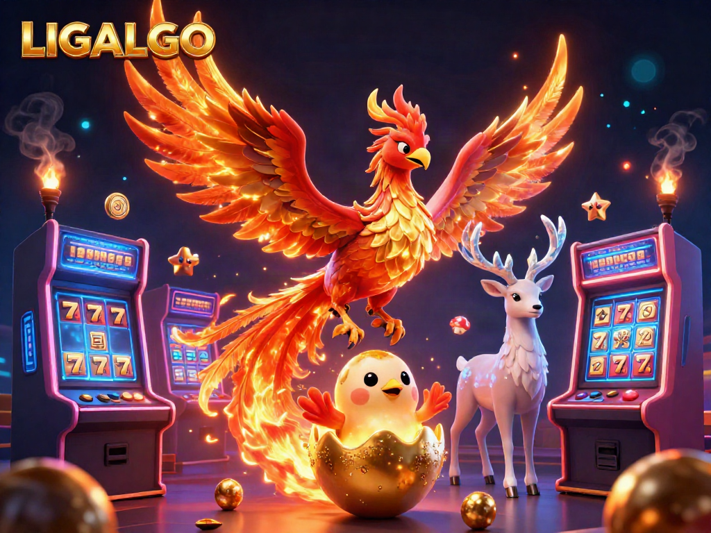 LIGALGO showcases a vibrant 3D illustration with a fire phoenix and casino elements like colorful slot machines.