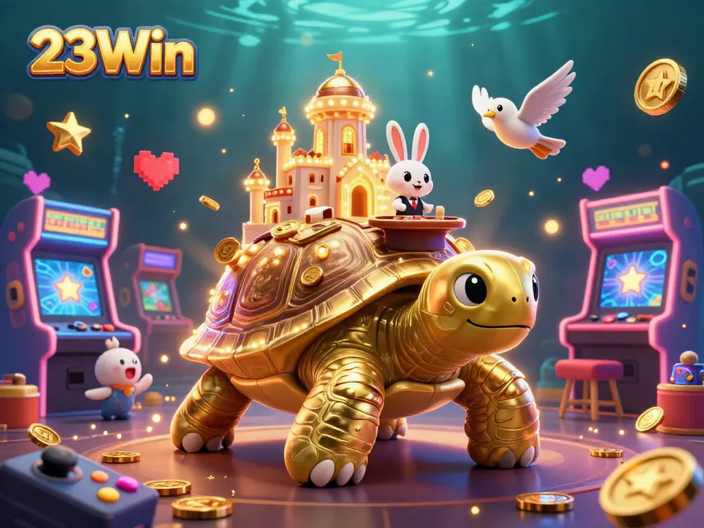 Engage with 23Win's vibrant casino world, featuring golden tortoise and rabbit dealer amidst colorful gaming elements.