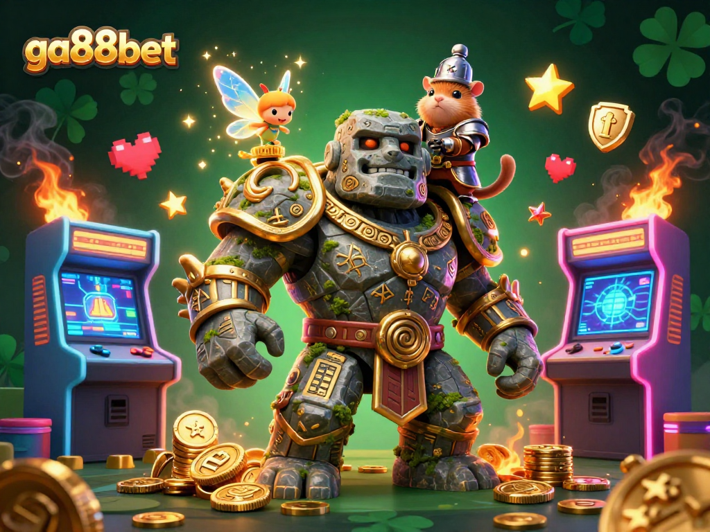 Experience the thrill of ga88bet, featuring a stone golem guardian and enchanting fairy in a vibrant casino scene.
