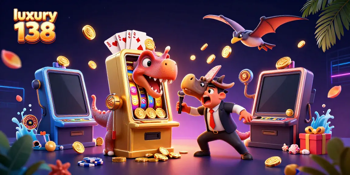 Experience the thrill of luxury 138 with a cartoon dinosaur jackpot scene, capturing exciting casino action.