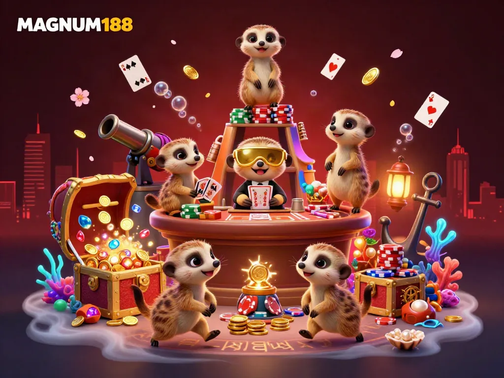 Engage in fun gameplay with MAGNUM188's cartoon meerkats managing a vibrant casino.