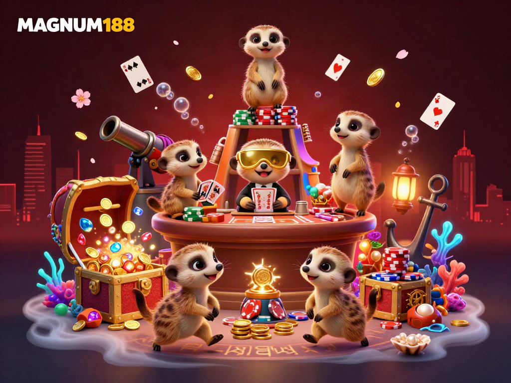 Engage in fun gameplay with MAGNUM188's cartoon meerkats managing a vibrant casino.